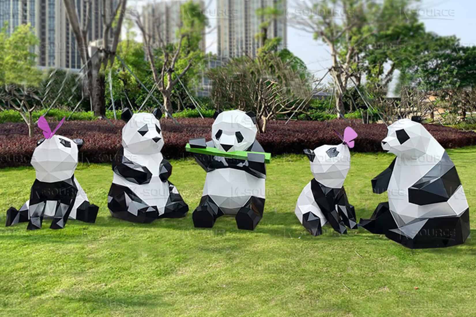 This large stainless steel panda sculpture can add vividness to the environment when placed in an outdoor garden.