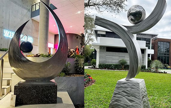 Stainless steel sculptures with different shapes of spheres and lines