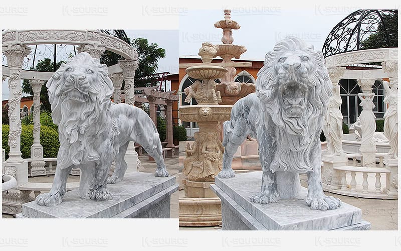 The majestic lion stone sculpture has a leaping posture