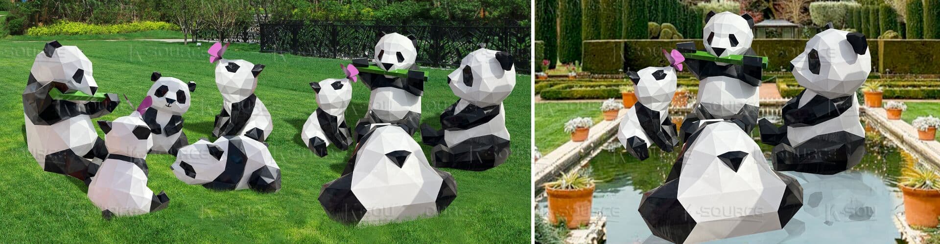 Cute animal sculptures, geometrically sectioned panda shapes