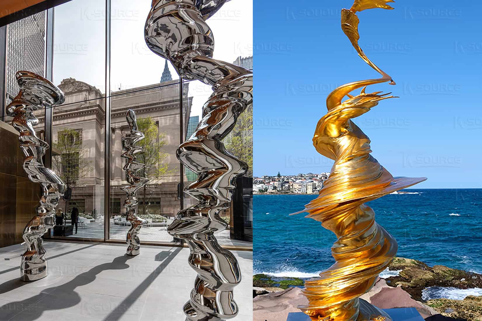 Transforms ever-changing swirls into mirrored surfaces create abstract sculptural artifacts.