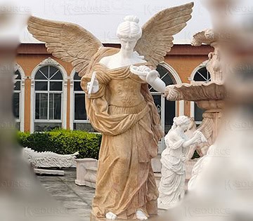 Wings and clothing are beige, and their exposed body is white