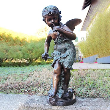 Bronze Cherub Girl Statue Playing Flute